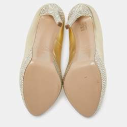 Pre Owned Le Silla Gold Leather Crystal Embellished Platform Peep Toe Pumps Size 40