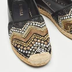 Le Silla Black Leather and Embellished Suede Espadrille Flats Size 37