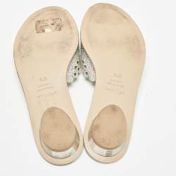 Le Silla Silver Crystal Embellished Textured Suede Flat Slides Size 37.5