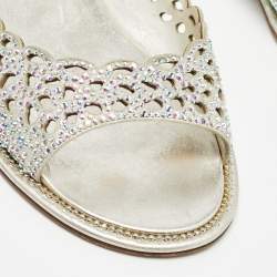 Le Silla Silver Crystal Embellished Textured Suede Flat Slides Size 37.5