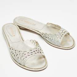 Le Silla Silver Crystal Embellished Textured Suede Flat Slides Size 37.5