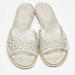 Le Silla Silver Crystal Embellished Textured Suede Flat Slides Size 37.5