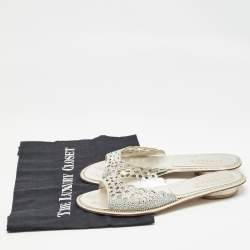 Le Silla Silver Crystal Embellished Textured Suede Flat Slides Size 37.5