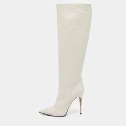 Pre Owned Le Silla Cream Leather Over The Knee Boots Size 38