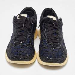 Le Silla Navy Blue/Black Knit Fabric and Leather Crystal Embellished Low Top Sneakers Size 42