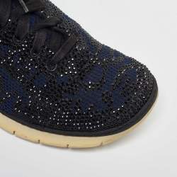 Le Silla Navy Blue/Black Knit Fabric and Leather Crystal Embellished Low Top Sneakers Size 42