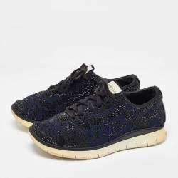 Le Silla Navy Blue/Black Knit Fabric and Leather Crystal Embellished Low Top Sneakers Size 42