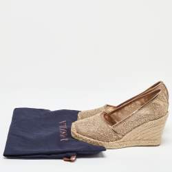 Pre Owned Le Silla Metallic Beige/Gold Lace and Leather Espadrille Wedge Pumps Size 37