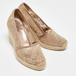 Pre Owned Le Silla Metallic Beige/Gold Lace and Leather Espadrille Wedge Pumps Size 37