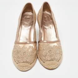 Pre Owned Le Silla Metallic Beige/Gold Lace and Leather Espadrille Wedge Pumps Size 37