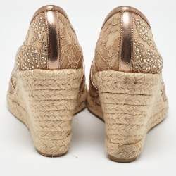 Pre Owned Le Silla Metallic Beige/Gold Lace and Leather Espadrille Wedge Pumps Size 37