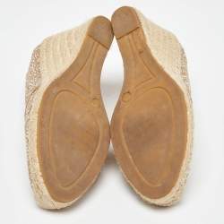 Pre Owned Le Silla Metallic Beige/Gold Lace and Leather Espadrille Wedge Pumps Size 37