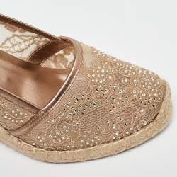 Pre Owned Le Silla Metallic Beige/Gold Lace and Leather Espadrille Wedge Pumps Size 37