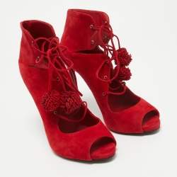 Le Silla Red Suede Lace Up Ankle Length Boots Size 40
