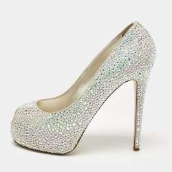 Le Silla Silver Crystal Embellished Suede Peep Toe Platform Pumps Size 37