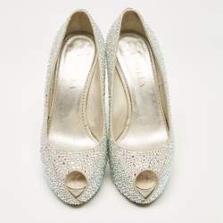 Le Silla Silver Crystal Embellished Suede Peep Toe Platform Pumps Size 37