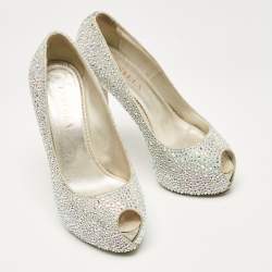 Le Silla Silver Crystal Embellished Suede Peep Toe Platform Pumps Size 37