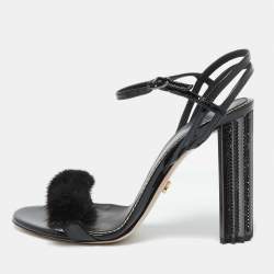 Le Silla Black Fox Fur and Patent Leather Ankle Strap Sandals Size 39