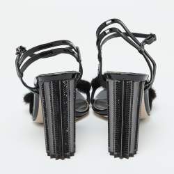 Le Silla Black Fox Fur and Patent Leather Ankle Strap Sandals Size 39