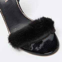 Le Silla Black Fox Fur and Patent Leather Ankle Strap Sandals Size 39