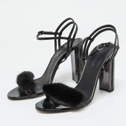 Le Silla Black Fox Fur and Patent Leather Ankle Strap Sandals Size 39