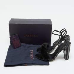 Le Silla Black Fox Fur and Patent Leather Ankle Strap Sandals Size 39
