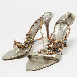 Le Silla Metallic Leather Crystal Embellished Ankle Strap Sandals Size 39