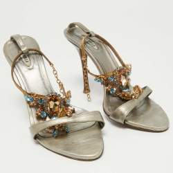 Le Silla Metallic Leather Crystal Embellished Ankle Strap Sandals Size 39