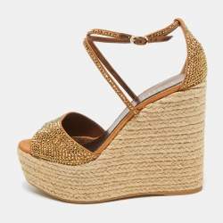Le Silla Metallic Brown Crystal Embellished Suede Espadrille Wedge Sandals Size 38.5