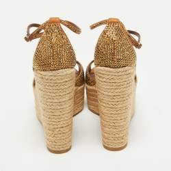 Le Silla Metallic Brown Crystal Embellished Suede Espadrille Wedge Sandals Size 38.5