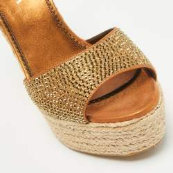 Le Silla Metallic Brown Crystal Embellished Suede Espadrille Wedge Sandals Size 38.5