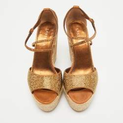 Le Silla Metallic Brown Crystal Embellished Suede Espadrille Wedge Sandals Size 38.5