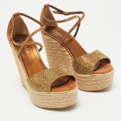 Le Silla Metallic Brown Crystal Embellished Suede Espadrille Wedge Sandals Size 38.5