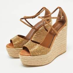 Le Silla Metallic Brown Crystal Embellished Suede Espadrille Wedge Sandals Size 38.5