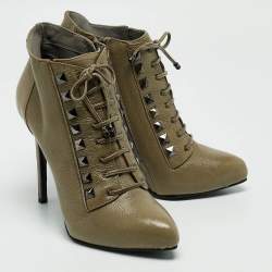 Le Silla Olive Green Leather Studded Pointed Toe Lace Up Ankle Booties Size 39