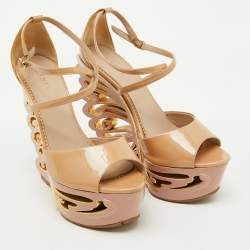 Pre Owned Le Silla Beige Patent Leather Butterfly Platform Wedge Sandals Size 38