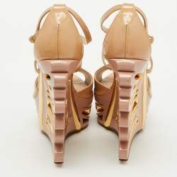 Pre Owned Le Silla Beige Patent Leather Butterfly Platform Wedge Sandals Size 38