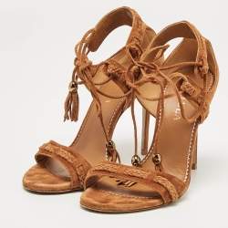Pre Owned Le Silla Brown Braided Suede Ankle Wrap Sandals Size 37