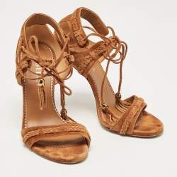 Pre Owned Le Silla Brown Braided Suede Ankle Wrap Sandals Size 37