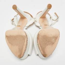 Le Silla White Leather Crystal Platform Ankle Strap Sandals Size 37.5