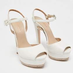 Le Silla White Leather Crystal Platform Ankle Strap Sandals Size 37.5