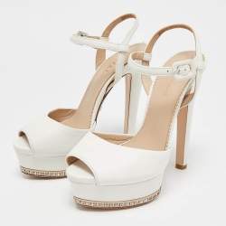 Le Silla White Leather Crystal Platform Ankle Strap Sandals Size 37.5