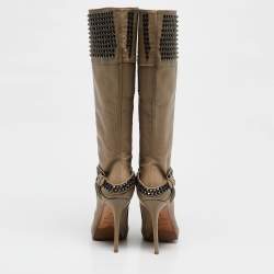 Le Silla Beige Leather Studded Platform Knee Length Boots Size 37