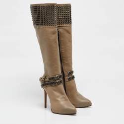 Le Silla Beige Leather Studded Platform Knee Length Boots Size 37