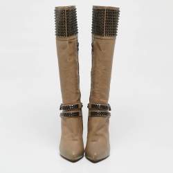 Le Silla Beige Leather Studded Platform Knee Length Boots Size 37