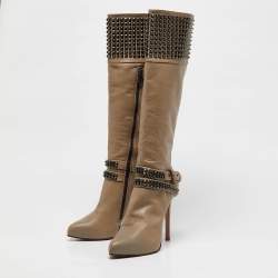 Le Silla Beige Leather Studded Platform Knee Length Boots Size 37