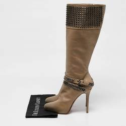 Le Silla Beige Leather Studded Platform Knee Length Boots Size 37