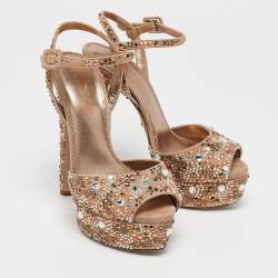 Pre Owned Le Silla Beige Suede Crystal Embellished Platform Ankle Strap Sandals Size 37