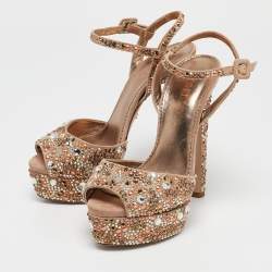 Pre Owned Le Silla Beige Suede Crystal Embellished Platform Ankle Strap Sandals Size 37