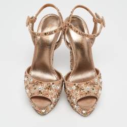 Pre Owned Le Silla Beige Suede Crystal Embellished Platform Ankle Strap Sandals Size 37